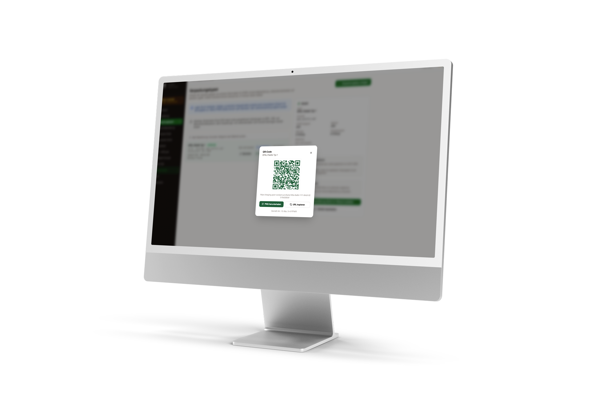 QR-Code-Modal im PPWR Cockpit: QR-Code generieren, PNG herunterladen, URL kopieren
