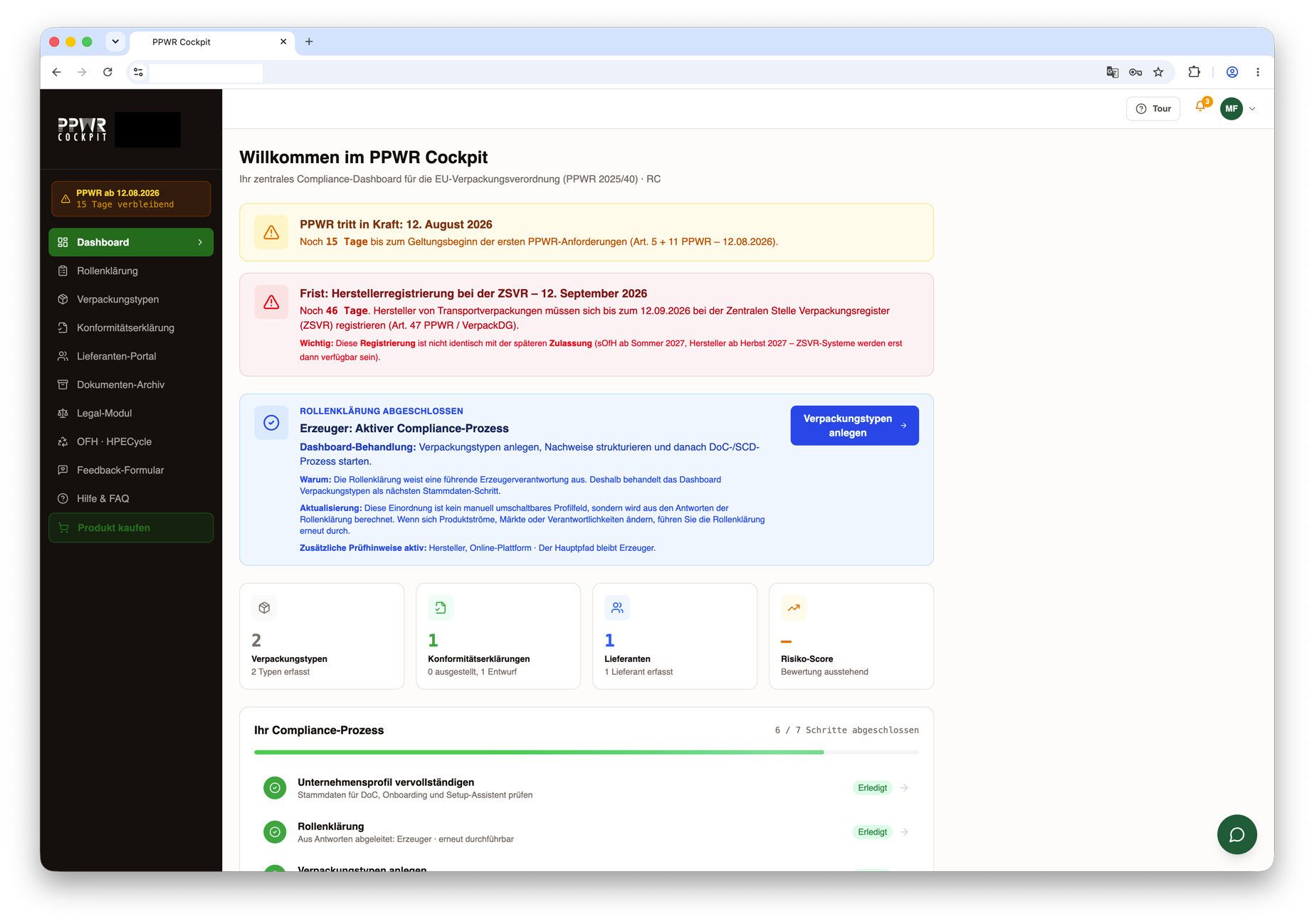 PPWR Cockpit Dashboard: Compliance-Übersicht mit Fristen und Rollenklärung